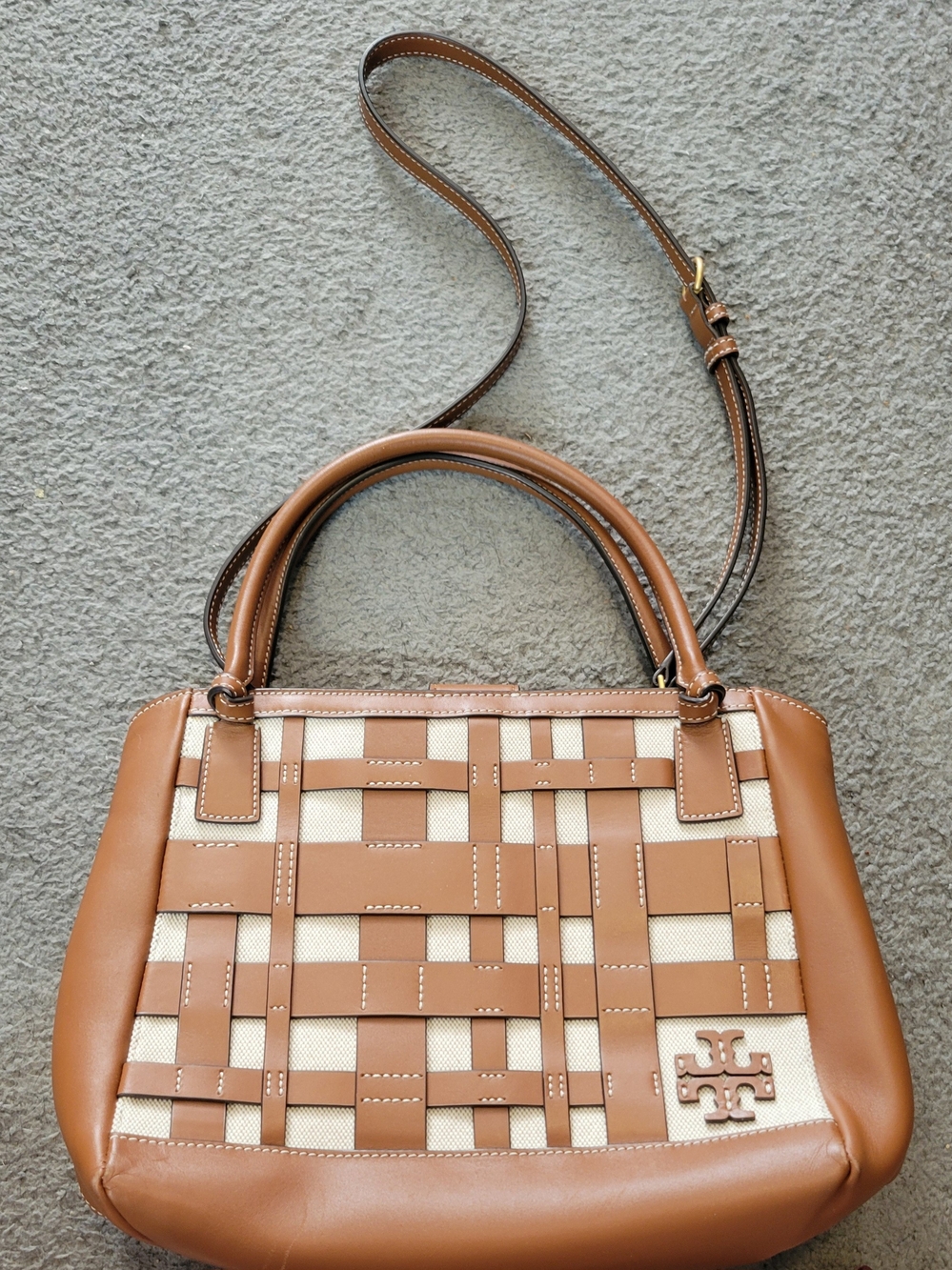 Tory Burch Tan Woven Canvas & Leather Satchel